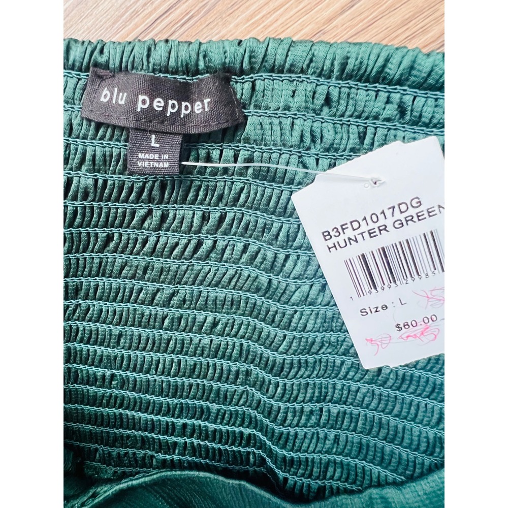 Blu Pepper Hunter Green Satin Two Piece Set Smocked Crop Top Ruffle Skirt L NEW - Picture 6 of 6